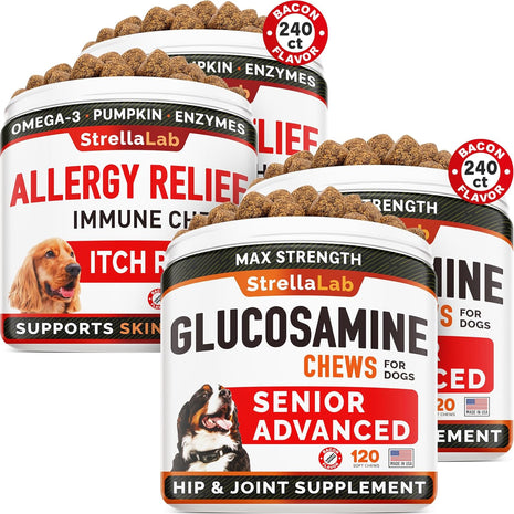 Allergy Relief + Senior Advanced Glucosamine for Dogs Bundle - Itchy Skin + Hip & Joint Pain Relief - Omega 3 & Pumpkin + Chondroitin, MSM - Allergy Supplement, Hotspot Relief - 480ct - Made in USA
