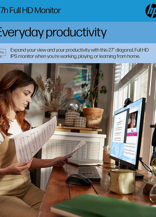 HP 27h Full HD Monitor - Diagonal - IPS Panel & 75Hz Refresh Rate - Smooth Screen - 3-Sided Micro-Edge Bezel - 100mm Height/Tilt Adjust - Built-in Dual Speakers - for Hybrid Workers