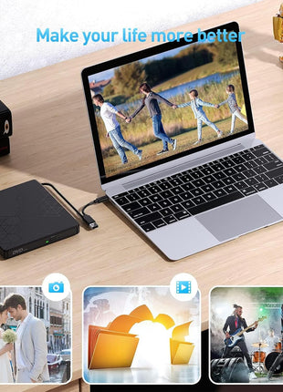 ORIGBELIE External DVD Drive, CD Drive USB 3.0 Typle C CD/DVD ROM +/-RW Adapter with USB Port DVD Burner for Laptop PC Desktop Computer, Optical Disk Drive CD Player Compatible with Mac Windows Linux