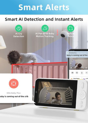 Ellie Baby Pro 5inch Monitor with 2.5K FHD Camera, Night Vision, 2-Way Audio, Pan-Tilt-Zoom, Crib & Wall Mount All Inside, No WiFi, No Subscription, with APP