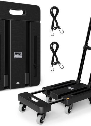 Folding Hand Truck, 500 LB Heavy Duty Luggage Cart, Utility Dolly Platform Cart with 6 Wheels & 2 Elastic Ropes for Luggage, Travel, Moving, Shopping, Office Use, Black