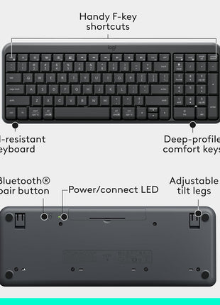Logitech MK250 Bluetooth Wireless Keyboard and Mouse Combo - Graphite | Bluetooth connection only, compact keyboard with number pad, small ambidextrous M196 mouse with 3 non-customizable buttons