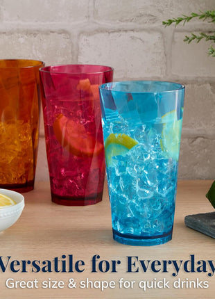 US Acrylic Optix Plastic Reusable Drinking Glasses (Set of 8) 20oz Water Cups in Jewel Tone Colors | BPA Free Tumblers, Made in USA | Top Rack Dishwasher Safe