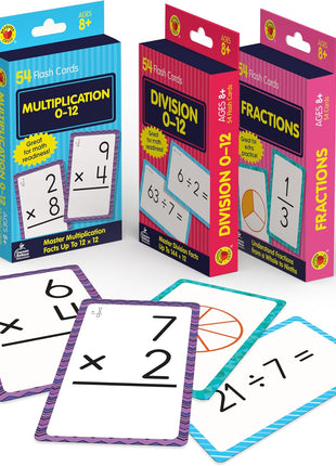 Carson Dellosa 3-Pack Math Flash Cards, Ages 8-12, Multiplication | Division, and Fractions, Math Games, Grade 3-5, Mathematics Practice, 162 cards, Educational Card Set