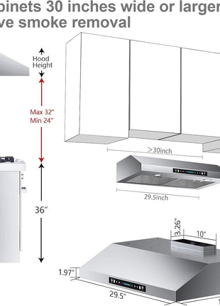 30 Inch Under Ducted Cabinet Range Hood with 1200 CFM, 3 Speed Gesture Sensing Kitchen Exhaust Hood & Touch Control Panel, Stainless Steel Stove Vent Hood with 2 LED Lights