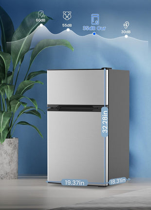 Electactic 3.2 Cu.Ft Mini Fridge with Freezer, Compact Refrigerator with 2 Doors, Small Fridge with Adjustable Thermostat & Removable Glass Shelves for Bedroom, Office, Dorm, or Apartment, Silver