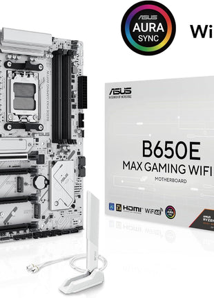 ASUS B650E MAX Gaming WiFi W – AMD B650 AM5 ATX Motherboard, White PCB, DDR5, PCIe 5.0, 3X M.2, Wi-Fi 6E, 2.5Gb LAN, USB 10Gbps Type-C, DisplayPort, HDMITM, BIOS FlashbackTM, Aura Sync, Advanced AI PC
