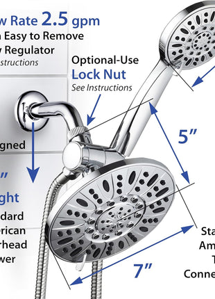 AquaDance 7 inch Premium High Pressure 3-Way Rainfall Combo for The Best of Both Worlds - Enjoy Luxurious Rain Showerhead and 6-Setting Hand Held Shower Separately or Together - Chrome Finish - 3328