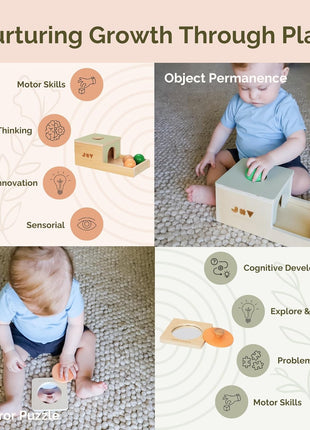 Jackie & Vancie Montessori Toy Set for Babies 7-12 Months Play Kit 6-in-1 Wooden Learning Toys with Object Permanence Box, Ring Stacker, Egg & Cup, Multipurpose Blocks and Mirror Puzzle