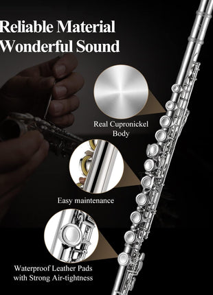 Eastar Closed Hole 16 Keys Flute for Beginner Kids Student with Cleaning Kit, Stand, Case, Gloves, Tuning Rod, Nickel, EFL-1