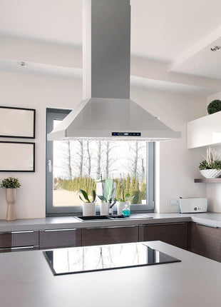 30 in. Lumin Coll 380 CFM Ducted Island Range Hood, LED, Stainless Steel | Cosmo COS-63ISS75 Soft Touch Controls, 3 Fan Speeds, Permanent Dishwasher-Safe Baffle Filters, Timer and Clock