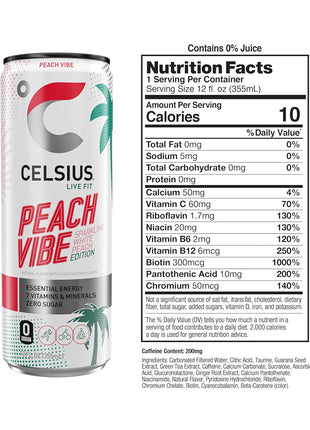 CELSIUS PEACH VIBE Sparkling White Peach, Sugar Free Energy Drink, 12 Fl Oz (Pack of 12)