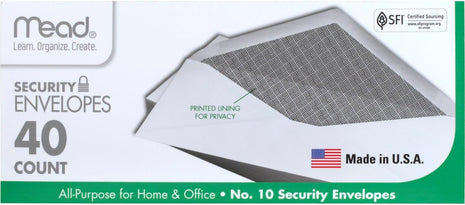 Mead #10 Envelopes, Letter Size, 4-1/8 inch x 9-1/2 inch, Security Printed Lining for Privacy, Gummed Closure, Windowless, White All-Purpose for Home & Office Mail, 40 Count (75214)