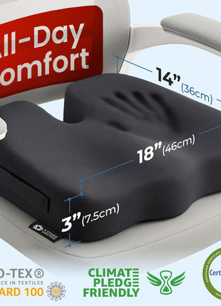 Seat Cushion for Office Chairs - Fits 18 inchx14 inch Seats, Tailbone, Coccyx Pain Relief - Butt, Pressure & Sciatica Relief - Gaming, Wheelchair, Car & Desk Pillow, Black