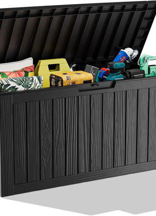 ROJIK Outdoor Storage Box with Wheels – 85 Gallon Mobile Waterproof Resin Deck Box, Lockable Storage for Patio Cushions, Garden Tools, Pool Accessories – UV-Resistant Storage Bench for Backyard & Deck