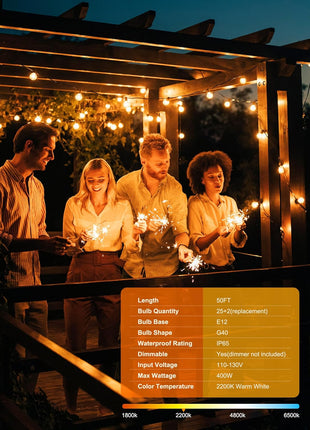 Brightown Outdoor String Lights, 50FT 25 G40 Bulbs Shatterproof Patio Lights, IP65 Waterproof Dimmable Hanging Connectable Globe LED Outdoor Lights for Backyard, Bistro, Porch, Deck, Balcony