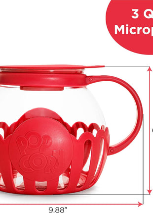 Ecolution Patented Micro-Pop Microwave Popcorn Popper with Temperature Safe Glass, 3-in-1 Lid Measures Kernels and Melts Butter, Made Without BPA, Dishwasher Safe, 3-Quart, Red