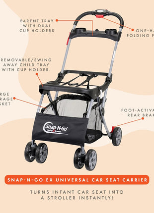 Baby Trend Snap N Go EX Polyester Lightweight Foldable Universal Single Infant Car Seat Carrier with 2 Cup Holder and Covered Compartment, Black