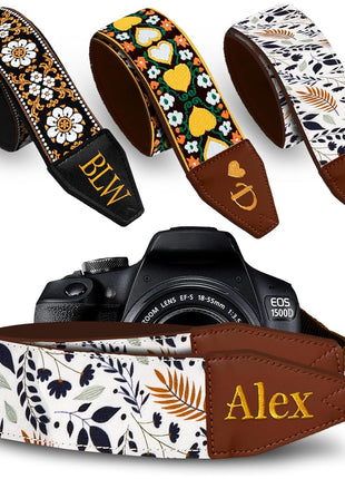 Camera Strap - Shoulder, Crossbody & Neck Camera Strap for Photographers, Fits All Cameras, Canon Nikon Sony Fujifilm, Padded Strap W/ Quick Release, Embroidered Cotton & Leather Ends, Blue