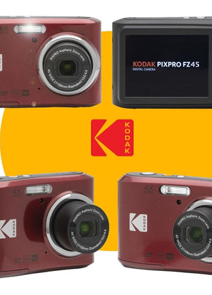 KODAK PIXPRO FZ45 16MP Digital Camera with 4X Optical Zoom 27mm Wide Angle and 2.7" LCD Screen Bundle with 32GB SD Memory Card, AA Batteries (4 Pack), Lens Cleaning Cloth (Red)