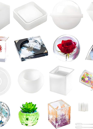 Resin Molds Silicone Kit 20Pcs,Epoxy Resin Molds Including Sphere,Cube,Pyramid,Square,Round, Used for Create Art,DIY,Coasters,Candles.Bonus Decorative Sequins and The Complete Set(20PCS Resin molds)