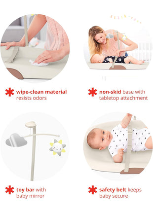 Skip Hop Baby Changing Pad Nursery Style Wipe-Clean Contoured with Cushioned Foam, Non-Skid Base, Built-in Safety Belt & Tuck-Away Toy Bar, Oat