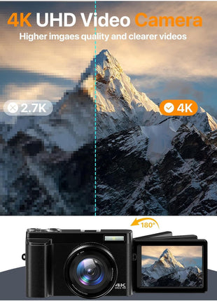 4K Digital Camera for Photography Auto-Focus Vlogging Camera for YouTube Video with 3'' 180° Flip Screen 16X Anti-Shake 4K Camera Compact Cameras with SD Card, Flash, 2 Batteries