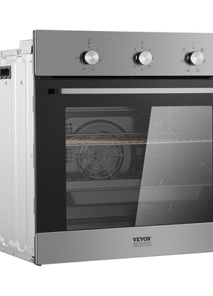 VEVOR Single Wall Oven, 2.68 Cu.Ft Electric Wall Ovens with Timer, 24" Built-in Electric Wall Oven with 6 Cooking Functions, Mechanical Knob Control Convection Wall Oven with Baking Rack and Tray