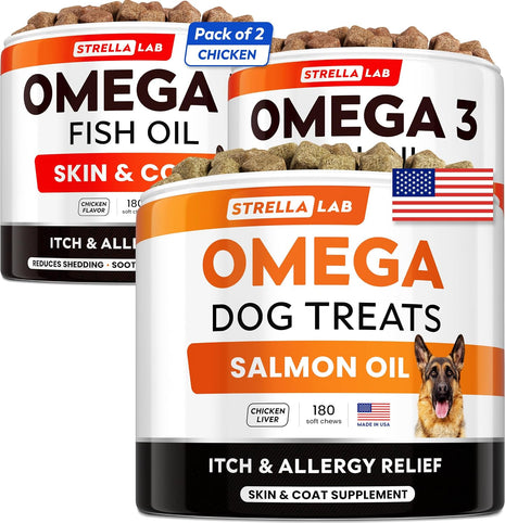 StrellaLab Fish Oil Omega 3 Treats for Dogs (540 Treats) - Allergy & Itch Relief - Skin & Coat Supplement - Joint Health - Wild Alaskan Salmon Oil - Shedding, Itchy Skin Relief - Omega 3 6 9 - EPA&DHA
