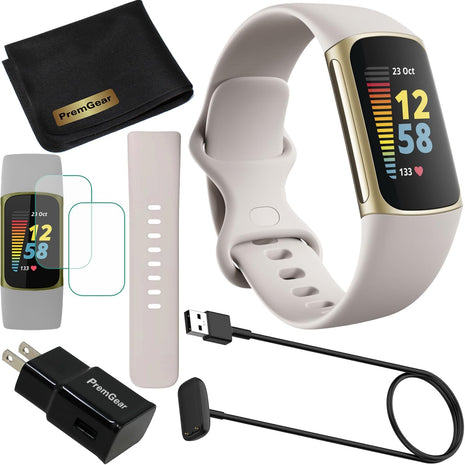 Fitbit Charge 5 Advanced Fitness & Health Tracker (White) with Built-in GPS, Stress Management Tools, Bundle with 2 Watch Bands, 3.3foot Charge Cable, Wall Adapter, Screen Shield & PremGear for Fitbit