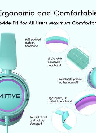 IMYB V1 Kids Headphones, 85dB Safe Volume for School, Toddler 2-12, Adjustable Foldable Durable Wired Cord, iPad Kindle Tablet Chromebook 3.5mm On-Ear for Boys Girls Teens Travel Plane (Green)