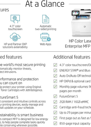 HP Color LaserJet Enterprise M480f Multifunction Duplex Printer, Print, scan, Copy, Fast speeds, Easy Setup, Advanced Security, Best for Small Teams, Ethernet/USB only (3QA55A)