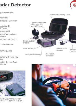 Uniden R7 Extreme Long-Range Laser-Radar Detector, Built-in GPS w/ Real-Time Alerts, Dual-Antennas Front & Rear w/Directional Arrows, Voice Alerts, Red Light Camera and Speed Camera Alerts