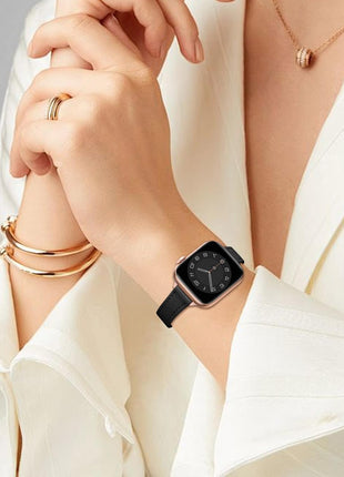 STIROLL Slim Leather Bands Compatible with Apple Watch Band 38mm 40mm 41mm 42mm(Series 11 10), Top Grain Leather Watch Thin Wristband for iWatch SE 9 8 7 6 5 4 3 2 1 (Black Rose Gold)