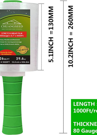 2-Pack Industrial Mini Clear Stretch Wrap Film 80 Gauge 5.1" 1000ft for Pallet Wrap with Plastic Handle,Durable Self-Adhering Packing,Moving,Packaging,Heavy Duty Shrink Film Chuangseed