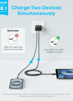 Anker iPhone 16 Charger, 2-Pack 20W Fast USB C Charger Block, for iPhone 16/16 Pro Max/15 Series/iPad Pro and More (Black, 2 Pack & 2 Cable)