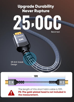 Highwings 8K@60 HDMI Cable 10FT/3M, 48Gbps 2.1 High Speed HDMI Braided Nylon 4K120 144Hz RTX 3090 eARC HDR10 4:4:4 HDCP 2.2&2.3 Compatible for PS5, PS4, UHD TV and PC