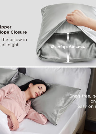 Bedsure Satin Pillowcase, Similar to Silk Pillow Cases Queen Size Set of 2, Cooling Pillow Case with Envelope Closure, Christmas Room Decor Gifts for Women Men, Silver Grey, 20x30 Inches, 2pcs