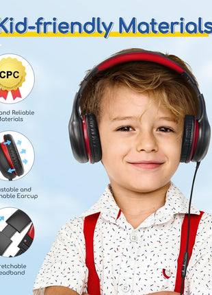 EarFun Kids Headphones Wired with Microphone, 85/94dB Volume Limit Headphones for Kids, Portable Wired Headphone with Shareport, Stereo Sound Foldable Headset for School/Tablet/iPad/Kindle, Black Red