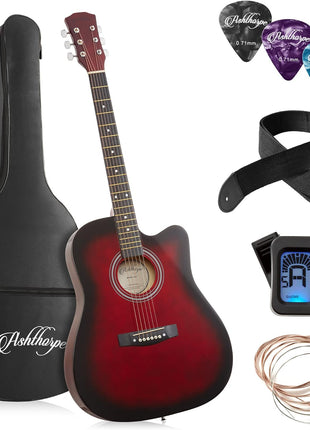 Ashthorpe 41-inch Beginner Cutaway Acoustic Guitar Package (Red), Full Size Basic Starter Kit w/Gig Bag, Strings, Strap, Tuner, Picks