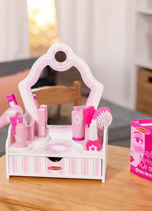 Melissa & Doug Wooden Beauty Salon Play Set, 18-Piece Vanity with Pretend Play Toys, Makeup, Mirror, Accessories & More, Preschool Toys for Girls & Boys Ages 3+ - FSC Certified