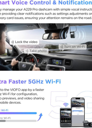 VIOFO A229 Pro 4K HDR Dash Cam, Dual STARVIS 2 IMX678 IMX675, 4K+2K Front and Rear Car Camera, 2 Channel with HDR, Voice Control, 5GHz WiFi GPS, Night Vision 2.0, 24H Parking Mode