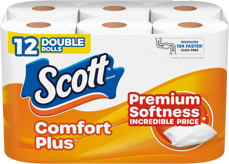 Scott ComfortPlus Toilet Paper, 12 Triple Rolls, 231 Sheets per Roll, Septic-Safe, 1-Ply Toilet Tissue