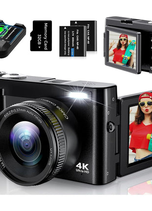 4K Digital Camera for Photography, UHD Autofocus 48MP 180? Flip Screen 16X Zoom Compact Point Shoot Vlogging Camera for YouTube with 2 Batteries, 32GB Card (Black)