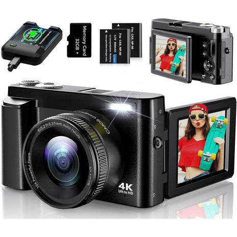 4K Digital Camera for Photography, UHD Autofocus 48MP 180? Flip Screen 16X Zoom Compact Point Shoot Vlogging Camera for YouTube with 2 Batteries, 32GB Card (Black)
