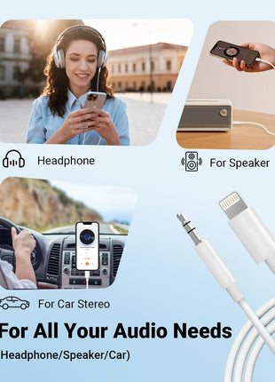 Aux Cord for iPhone,[Apple MFi Certified] Lightning to 3.5 mm AUX Cable for Car Stereo, Speaker, Headphone, Auxiliary Audio Cable Compatible with iPhone 14 13 12 11 XS XR X 8 7 3.3FT White