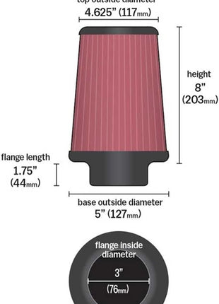 K&N High-Flow Original Lifetime Universal Clamp-On Air Filter: High Performance, Premium, Washable: Flange Diameter: 3 In, Filter Height: 8 In, Flange Length: 1.75 In, Shape: Round Tapered, RE-0910