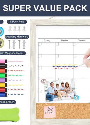 Calendar Whiteboard for Wall, TANKEE 17x13 Inches Whiteboard Calendar Cork Board Combo, Small Magnetic White Board with Wood Framed, Hanging Dry Erase Board for Kitchen Home Office School Planner