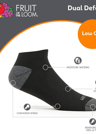 Fruit of the Loom Men's Dual Defense Low Cut Socks (12 Pack), Black, Medium (6 - 12)