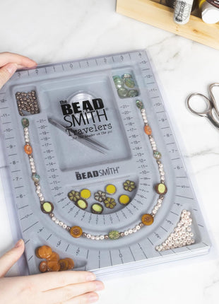 The Beadsmith Bead Board with Cover, Grey Flocked | 3 U-Shaped Channels, 6 Recessed Compartments,13.25 x 9.75 inches, Design Boards for Creating Bracelets, Necklaces and More